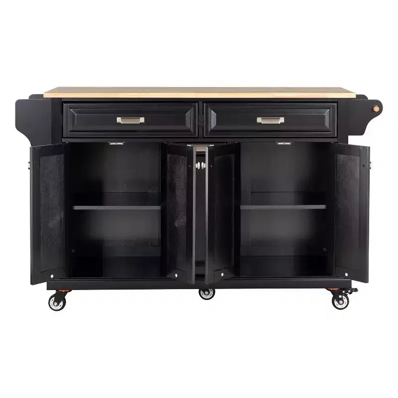 Okak Kitchen Island With Storage and Rubber Wood Countertop, 5 Wheels Kitchen Cart with Ample Storage, Countertop Organizer for Dining Room