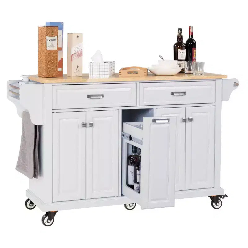 Okak Kitchen Island With Storage and Rubber Wood Countertop, 5 Wheels Kitchen Cart with Ample Storage, Countertop Organizer for Dining Room