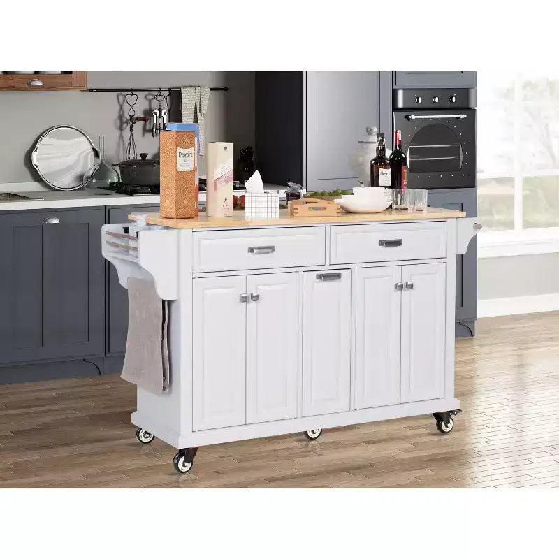 Okak Kitchen Island With Storage and Rubber Wood Countertop, 5 Wheels Kitchen Cart with Ample Storage, Countertop Organizer for Dining Room