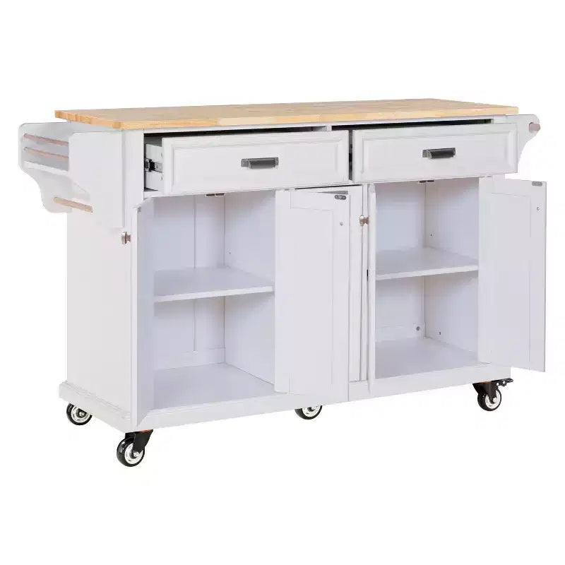 Okak Kitchen Island With Storage and Rubber Wood Countertop, 5 Wheels Kitchen Cart with Ample Storage, Countertop Organizer for Dining Room
