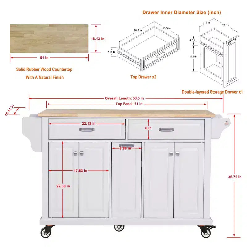 Okak Kitchen Island With Storage and Rubber Wood Countertop, 5 Wheels Kitchen Cart with Ample Storage, Countertop Organizer for Dining Room