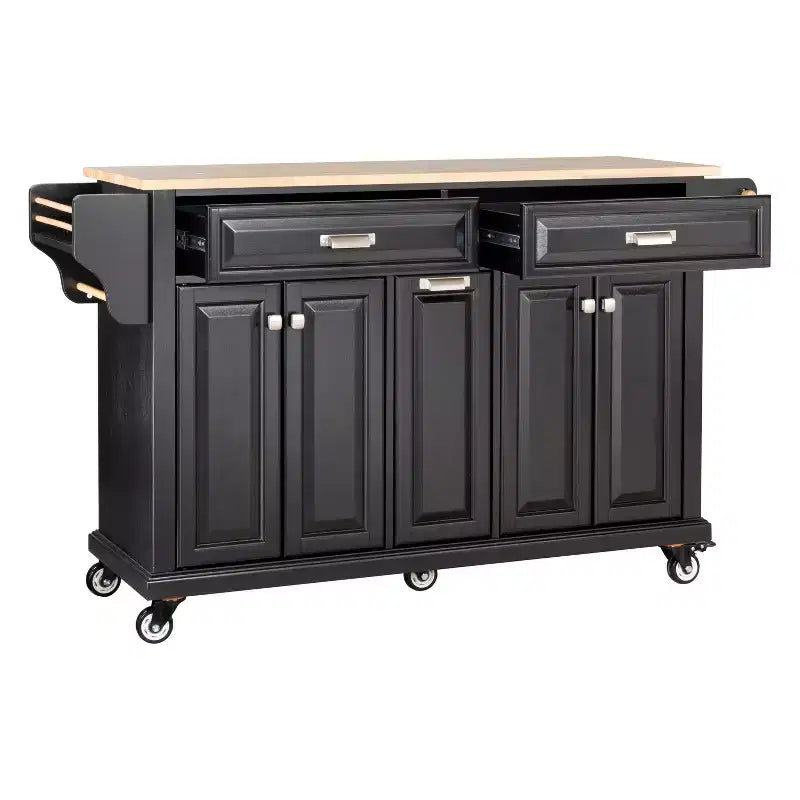 Okak Kitchen Island With Storage and Rubber Wood Countertop, 5 Wheels Kitchen Cart with Ample Storage, Countertop Organizer for Dining Room
