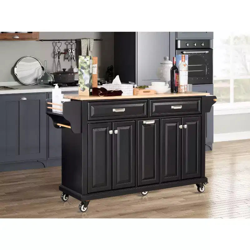 Okak Kitchen Island With Storage and Rubber Wood Countertop, 5 Wheels Kitchen Cart with Ample Storage, Countertop Organizer for Dining Room