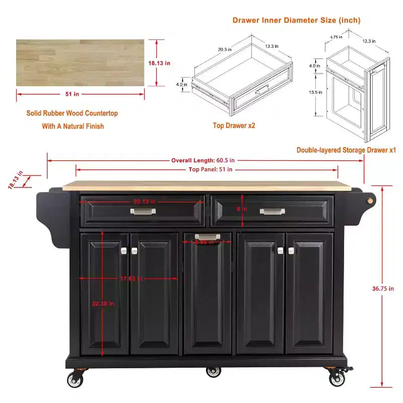 Okak Kitchen Island With Storage and Rubber Wood Countertop, 5 Wheels Kitchen Cart with Ample Storage, Countertop Organizer for Dining Room