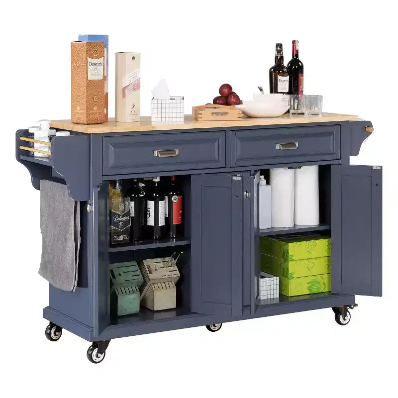 Okak Kitchen Island With Storage and Rubber Wood Countertop, 5 Wheels Kitchen Cart with Ample Storage, Countertop Organizer for Dining Room