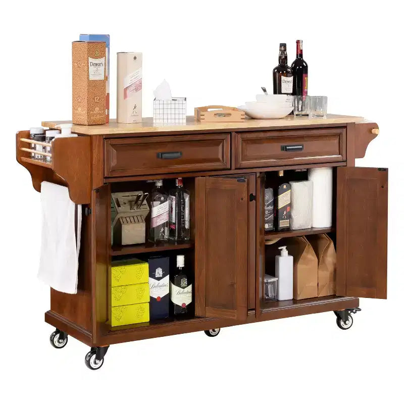 Okak Kitchen Island With Storage and Rubber Wood Countertop, 5 Wheels Kitchen Cart with Ample Storage, Countertop Organizer for Dining Room
