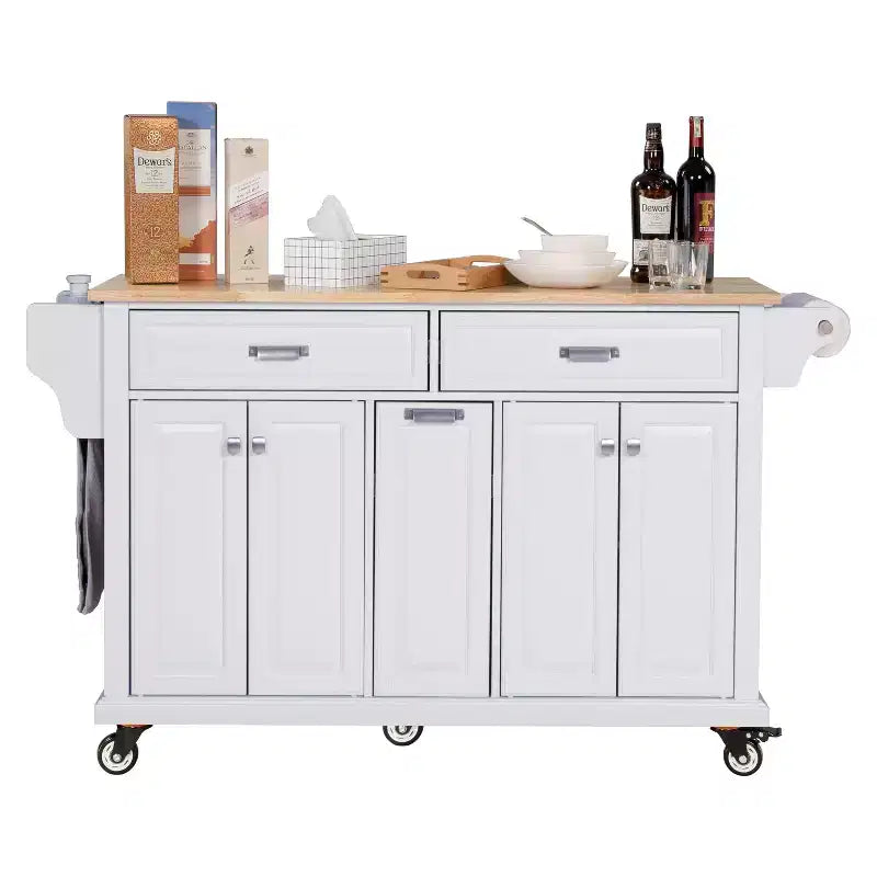 Okak Kitchen Island With Storage and Rubber Wood Countertop, 5 Wheels Kitchen Cart with Ample Storage, Countertop Organizer for Dining Room