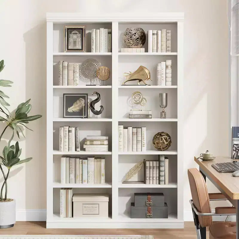 Acekool Bookcase 74.5 in Tall, 6-Tier Double Wide with 12 Cubbies, Extra Large Storage for Living Room Office Library, 46.1 W x 12.4 D