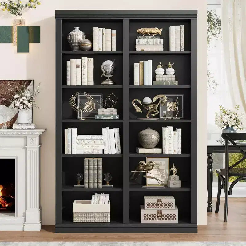 Acekool Bookcase 74.5 in Tall, 6-Tier Double Wide with 12 Cubbies, Extra Large Storage for Living Room Office Library, 46.1 W x 12.4 D