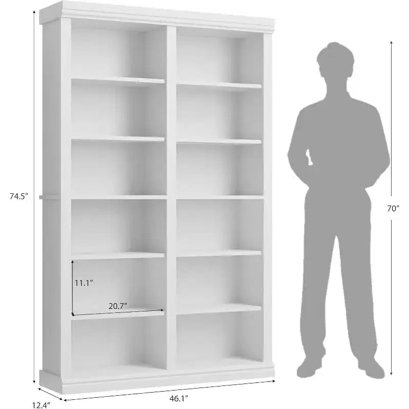Acekool Bookcase 74.5 in Tall, 6-Tier Double Wide with 12 Cubbies, Extra Large Storage for Living Room Office Library, 46.1 W x 12.4 D