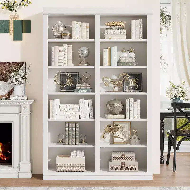 Acekool Bookcase 74.5 in Tall, 6-Tier Double Wide with 12 Cubbies, Extra Large Storage for Living Room Office Library, 46.1 W x 12.4 D