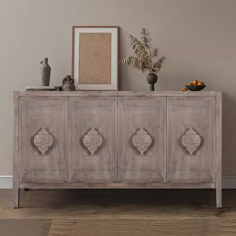 Retro 4-Door Buffet Sideboard, Large Kitchen Storage Cabinet, Stylish Entryway Console Table with Adjustable Shelves