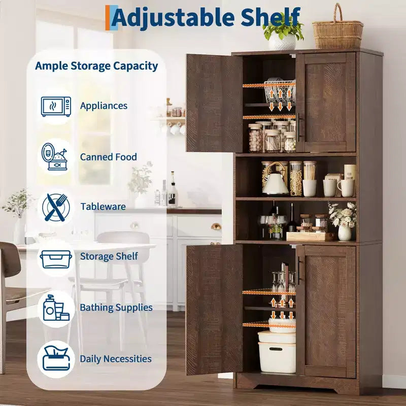 67 Tall Storage Cabinet, Kitchen Pantry Cabinet with Adjustable Shelves, Open Compartments, for Kitchen, Hallway, Living Room, Home Office