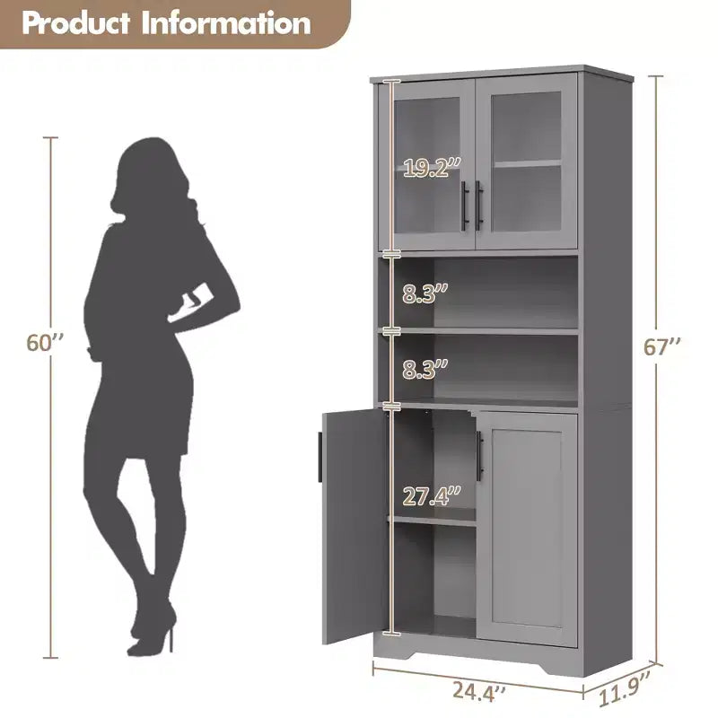 67 Tall Storage Cabinet, Kitchen Pantry Cabinet with Adjustable Shelves, Open Compartments, for Kitchen, Hallway, Living Room, Home Office