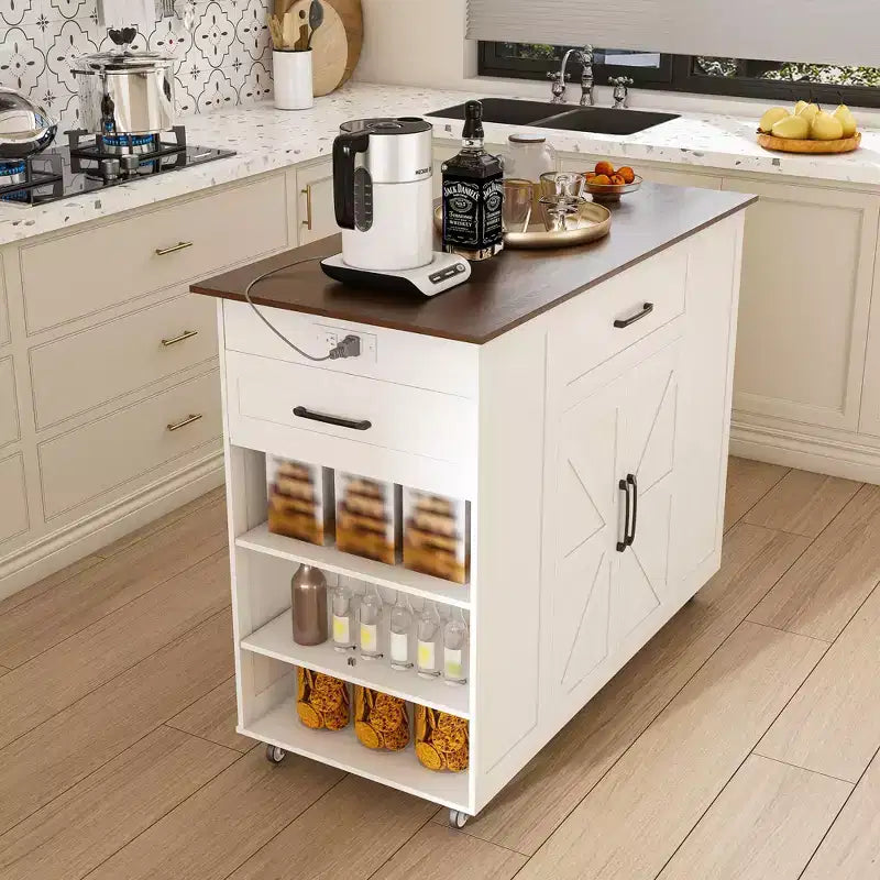 Okak Movable Rustic Kitchen Island Cart with Wheels & Power Outlet,Wood Top Bar Table Storage Cabinet for Kitchen,Dining Room