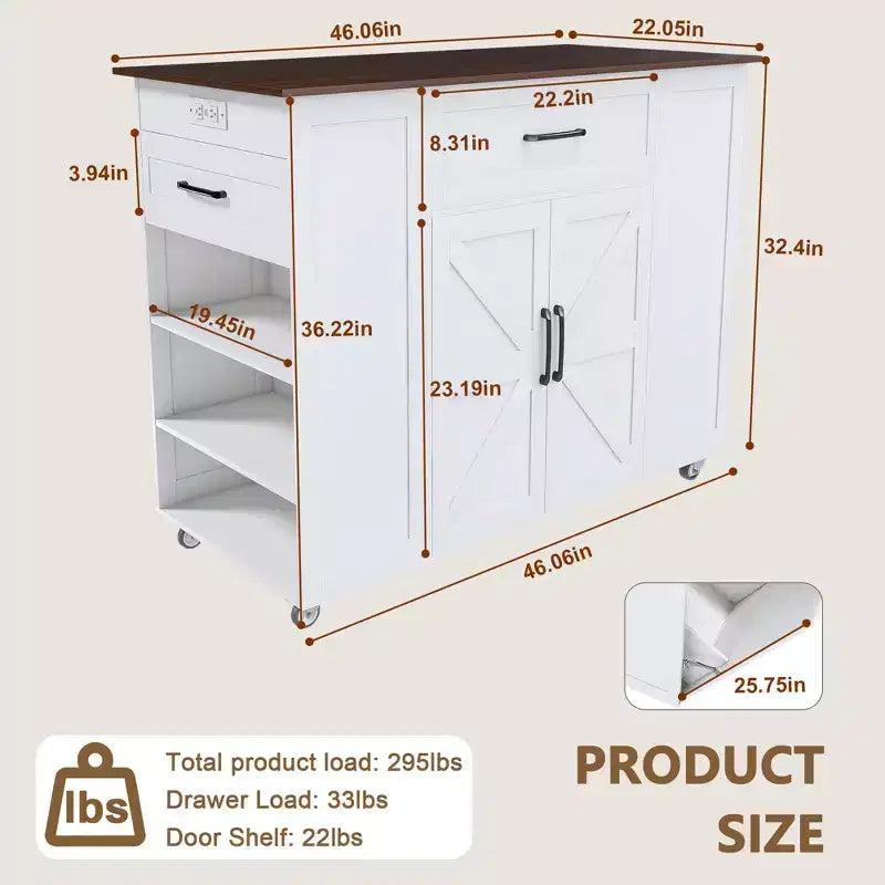 Okak Movable Rustic Kitchen Island Cart with Wheels & Power Outlet,Wood Top Bar Table Storage Cabinet for Kitchen,Dining Room