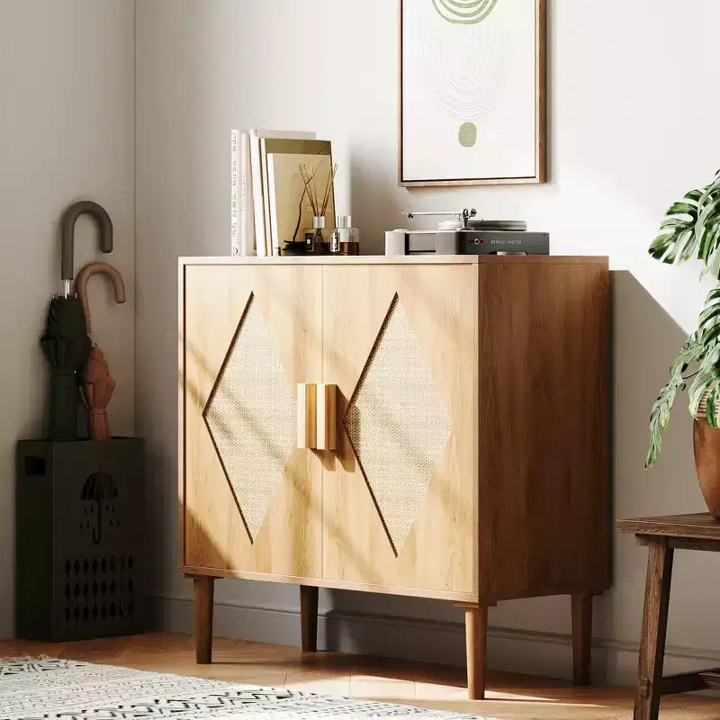 Storage Cabinet with Rattan Doors, Cabinet with Storage, Multifunctional Cupboard with Adjustable Interior Shelves for Living Room, Entryway,Natural