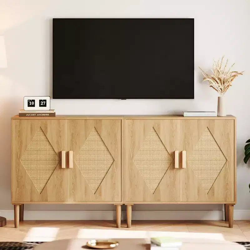 Storage Cabinet with Rattan Doors, Cabinet with Storage, Multifunctional Cupboard with Adjustable Interior Shelves for Living Room, Entryway,Natural