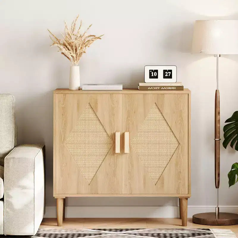 Storage Cabinet with Rattan Doors, Cabinet with Storage, Multifunctional Cupboard with Adjustable Interior Shelves for Living Room, Entryway,Natural