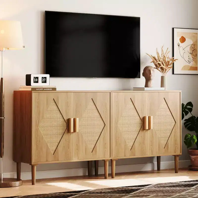 Storage Cabinet with Rattan Doors, Cabinet with Storage, Multifunctional Cupboard with Adjustable Interior Shelves for Living Room, Entryway,Natural