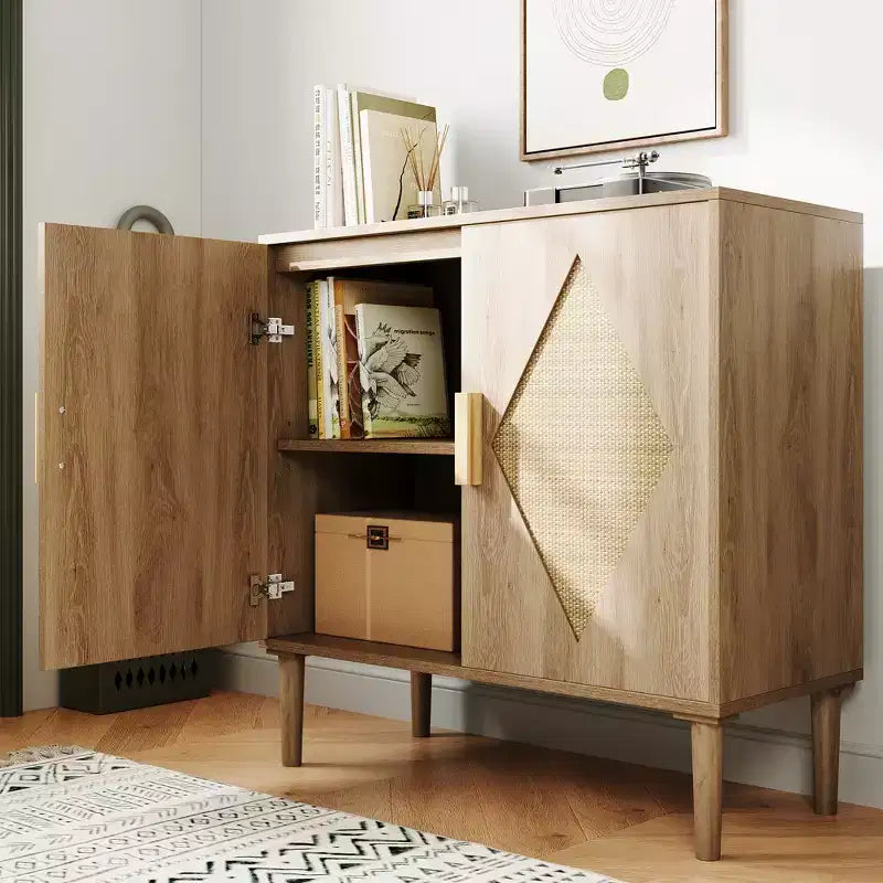 Storage Cabinet with Rattan Doors, Cabinet with Storage, Multifunctional Cupboard with Adjustable Interior Shelves for Living Room, Entryway,Natural