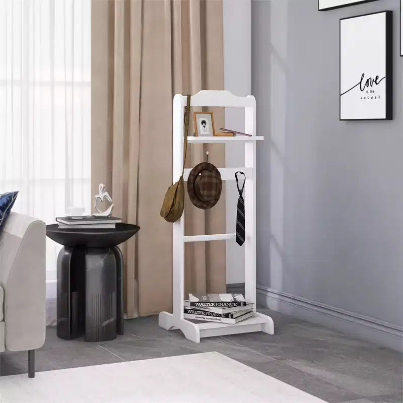 Sturdy and Durable Modern Floor-Standing Clothes Rack With a Wooden Top Tray and Hooks, Suitable For Bedrooms and Entryways.