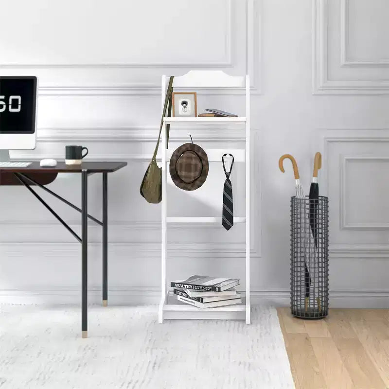 Sturdy and Durable Modern Floor-Standing Clothes Rack With a Wooden Top Tray and Hooks, Suitable For Bedrooms and Entryways.