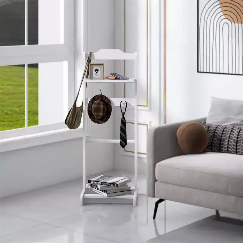 Sturdy and Durable Modern Floor-Standing Clothes Rack With a Wooden Top Tray and Hooks, Suitable For Bedrooms and Entryways.
