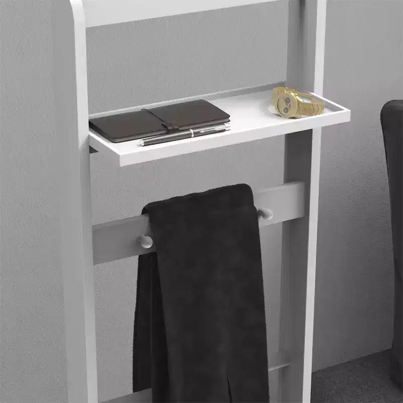 Sturdy and Durable Modern Floor-Standing Clothes Rack With a Wooden Top Tray and Hooks, Suitable For Bedrooms and Entryways.