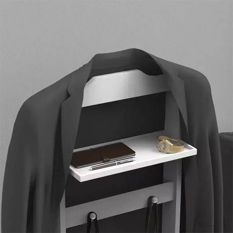 Sturdy and Durable Modern Floor-Standing Clothes Rack With a Wooden Top Tray and Hooks, Suitable For Bedrooms and Entryways.