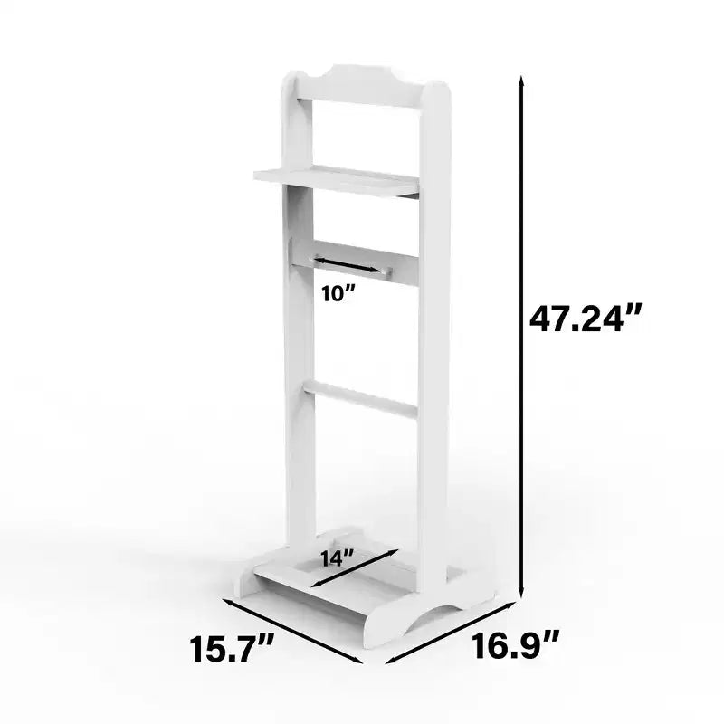 Sturdy and Durable Modern Floor-Standing Clothes Rack With a Wooden Top Tray and Hooks, Suitable For Bedrooms and Entryways.