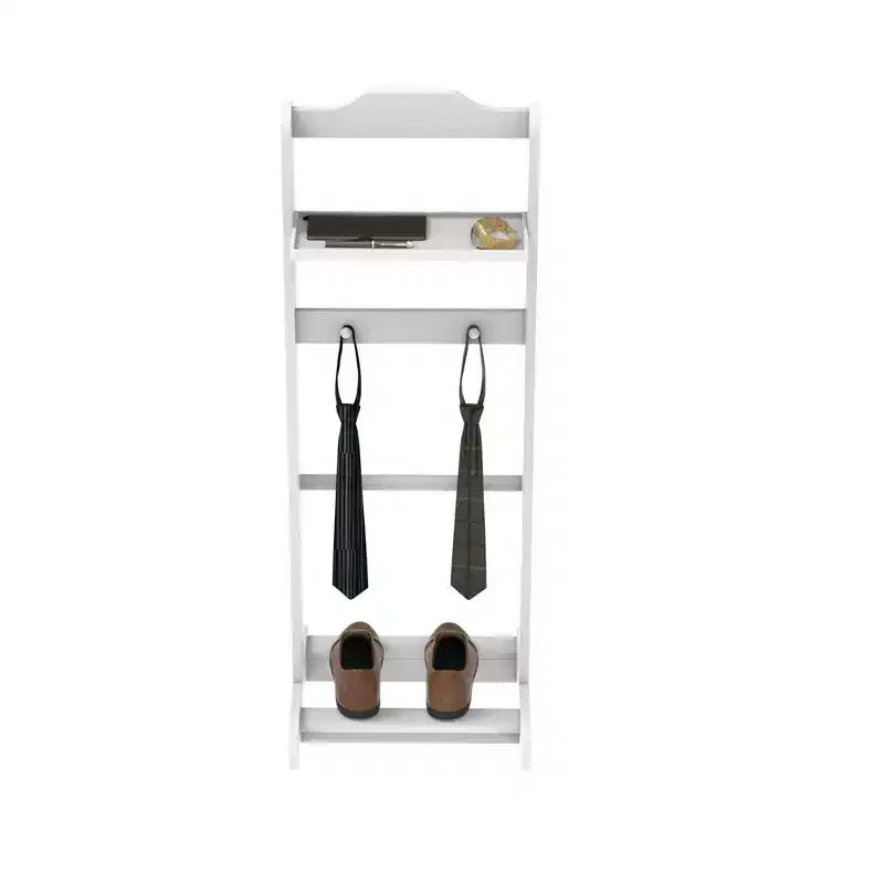 Sturdy and Durable Modern Floor-Standing Clothes Rack With a Wooden Top Tray and Hooks, Suitable For Bedrooms and Entryways.