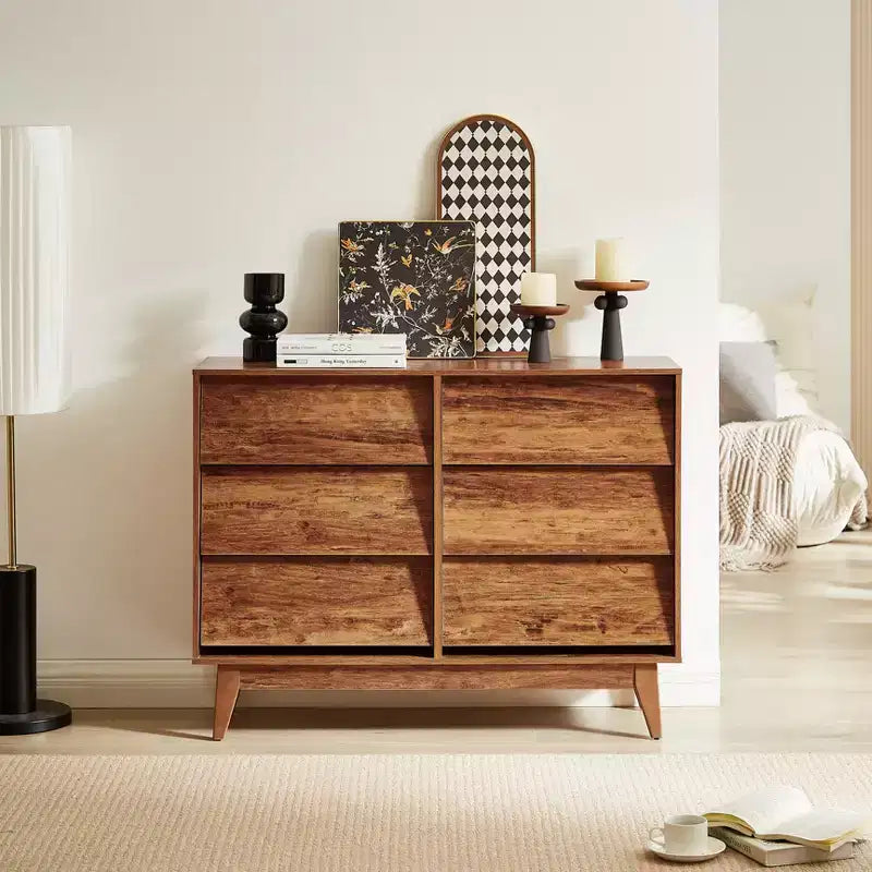6 Drawer Dresser for Bedroom, Vintage Wide Chest of Drawers with Bevel Design, Accent Double Dresser Storage Organizers