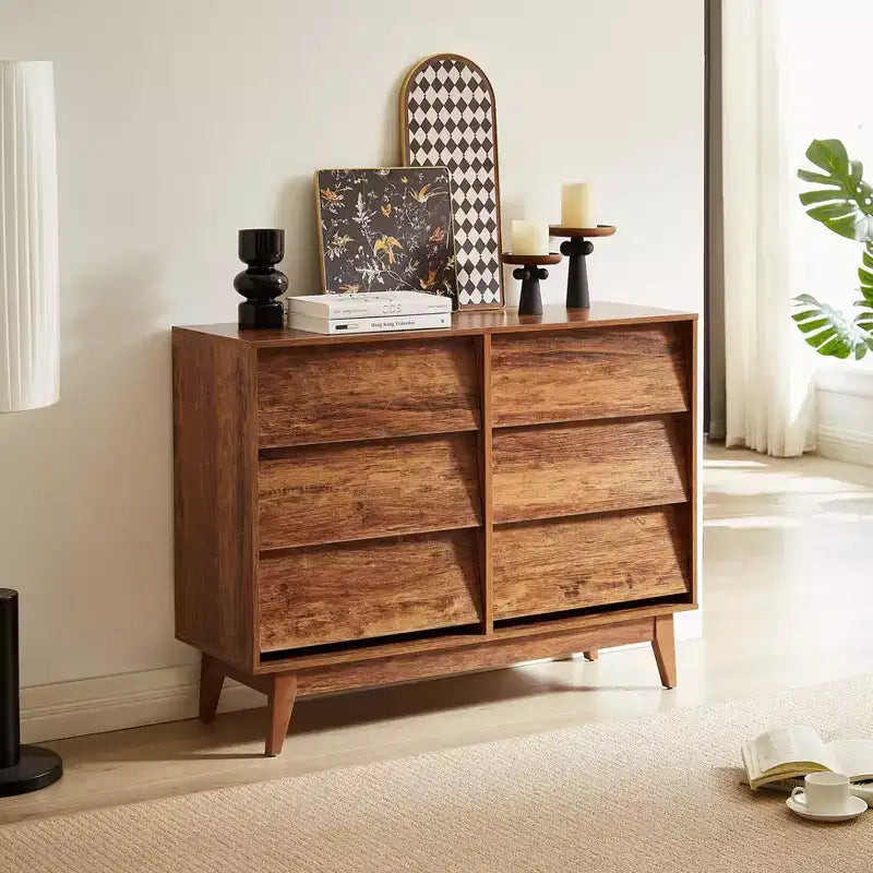 6 Drawer Dresser for Bedroom, Vintage Wide Chest of Drawers with Bevel Design, Accent Double Dresser Storage Organizers