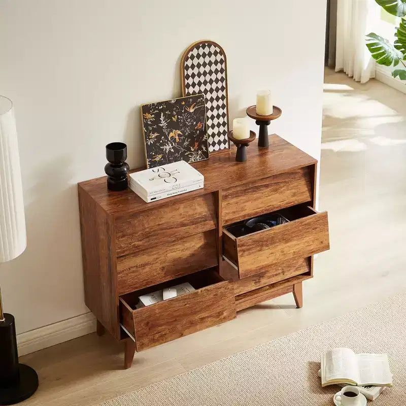 6 Drawer Dresser for Bedroom, Vintage Wide Chest of Drawers with Bevel Design, Accent Double Dresser Storage Organizers