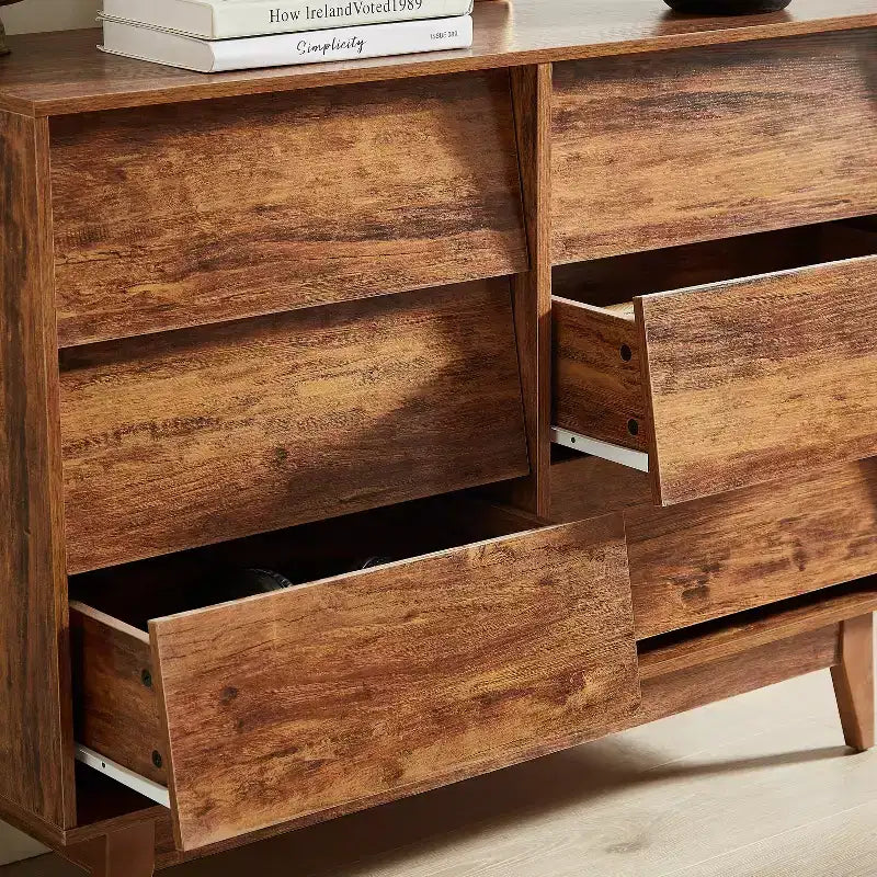 6 Drawer Dresser for Bedroom, Vintage Wide Chest of Drawers with Bevel Design, Accent Double Dresser Storage Organizers