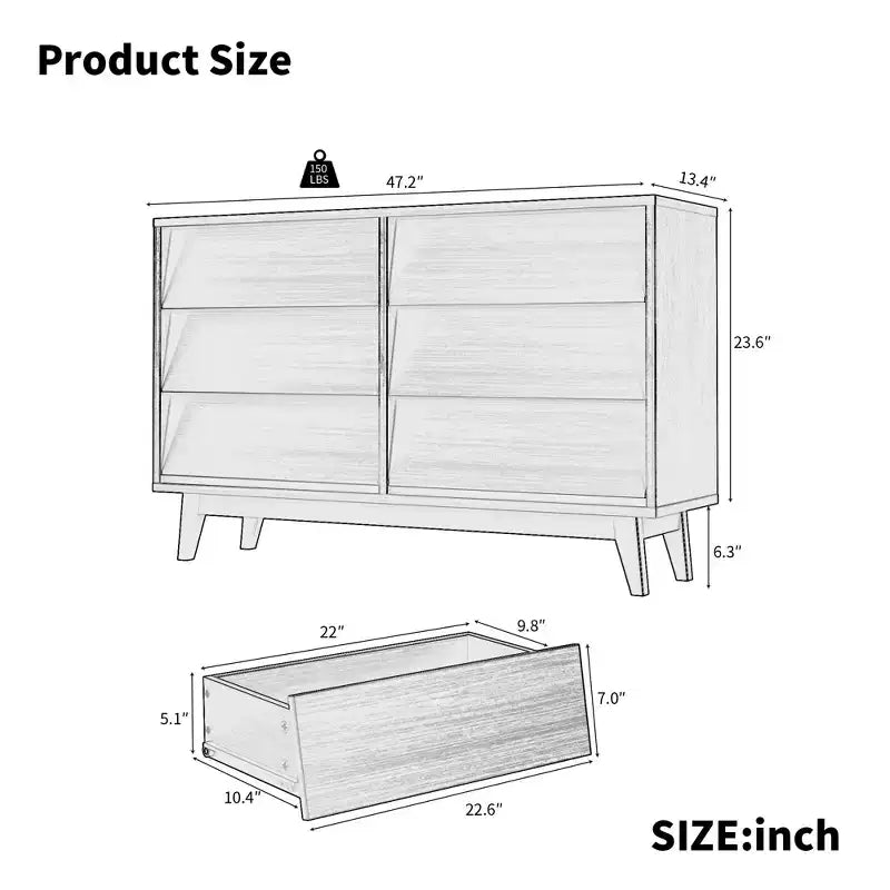 6 Drawer Dresser for Bedroom, Vintage Wide Chest of Drawers with Bevel Design, Accent Double Dresser Storage Organizers