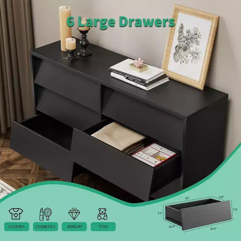 6 Drawer Dresser for Bedroom, Vintage Wide Chest of Drawers with Bevel Design, Accent Double Dresser Storage Organizers