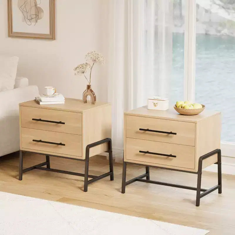 Mid Century Modern Bedside Table with 2 Storage Drawers, Nightstand,Light Wood & Metal Legs Side Table for Bedroom, Living Room, Light Wood
