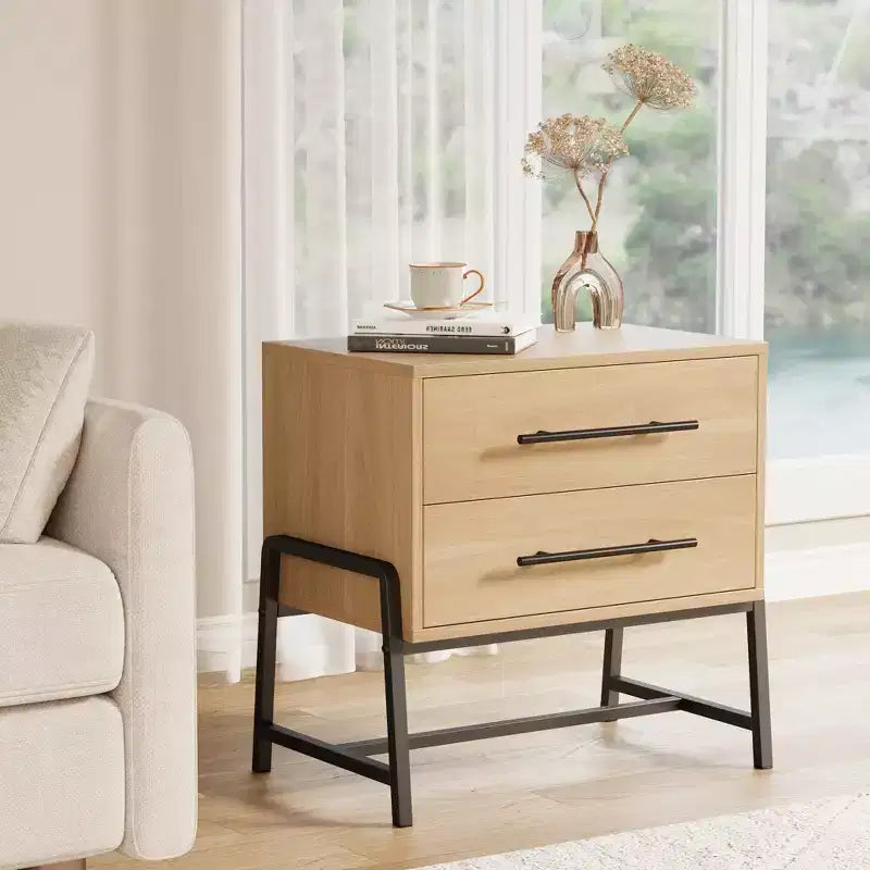 Mid Century Modern Bedside Table with 2 Storage Drawers, Nightstand,Light Wood & Metal Legs Side Table for Bedroom, Living Room, Light Wood