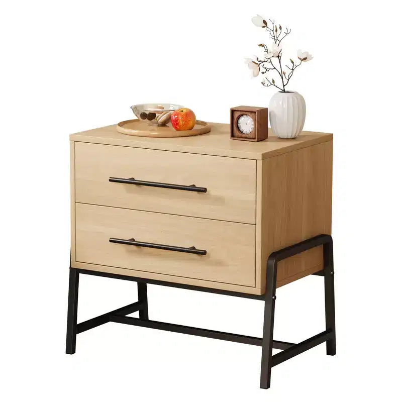 Mid Century Modern Bedside Table with 2 Storage Drawers, Nightstand,Light Wood & Metal Legs Side Table for Bedroom, Living Room, Light Wood