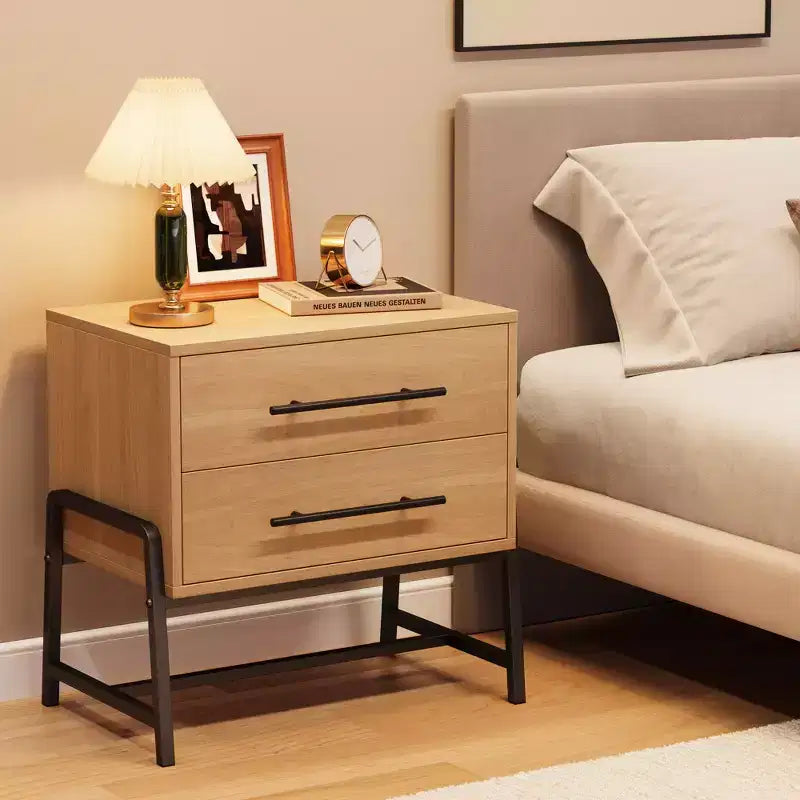 Mid Century Modern Bedside Table with 2 Storage Drawers, Nightstand,Light Wood & Metal Legs Side Table for Bedroom, Living Room, Light Wood