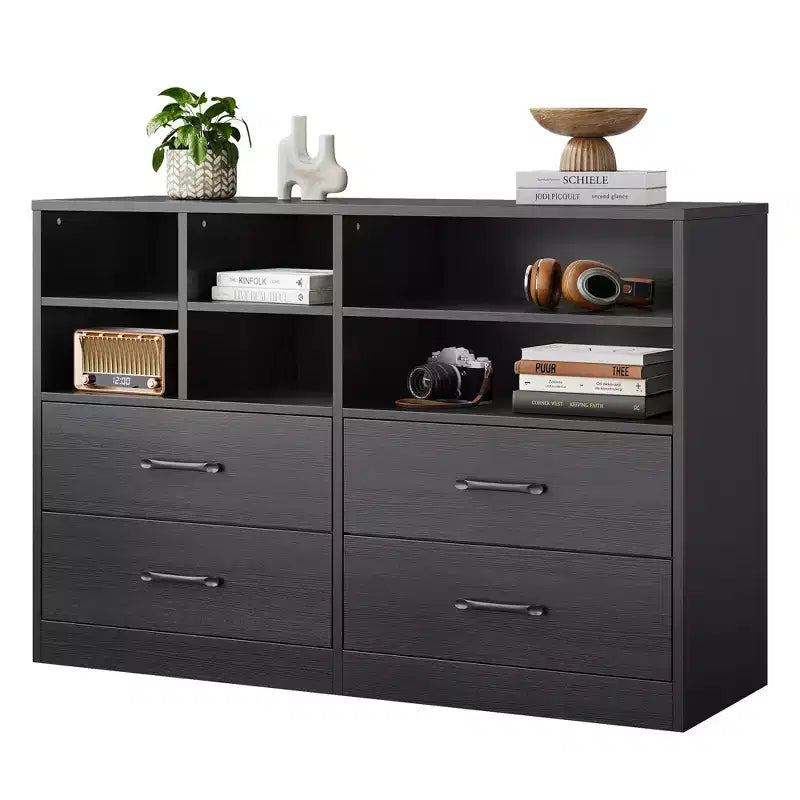 4-Drawer Dresser, Multi-Space Organizer for Bedroom,Cabinet with 6 Storage Cubbies Modern Dresser & TV Stand, Living Room, Black