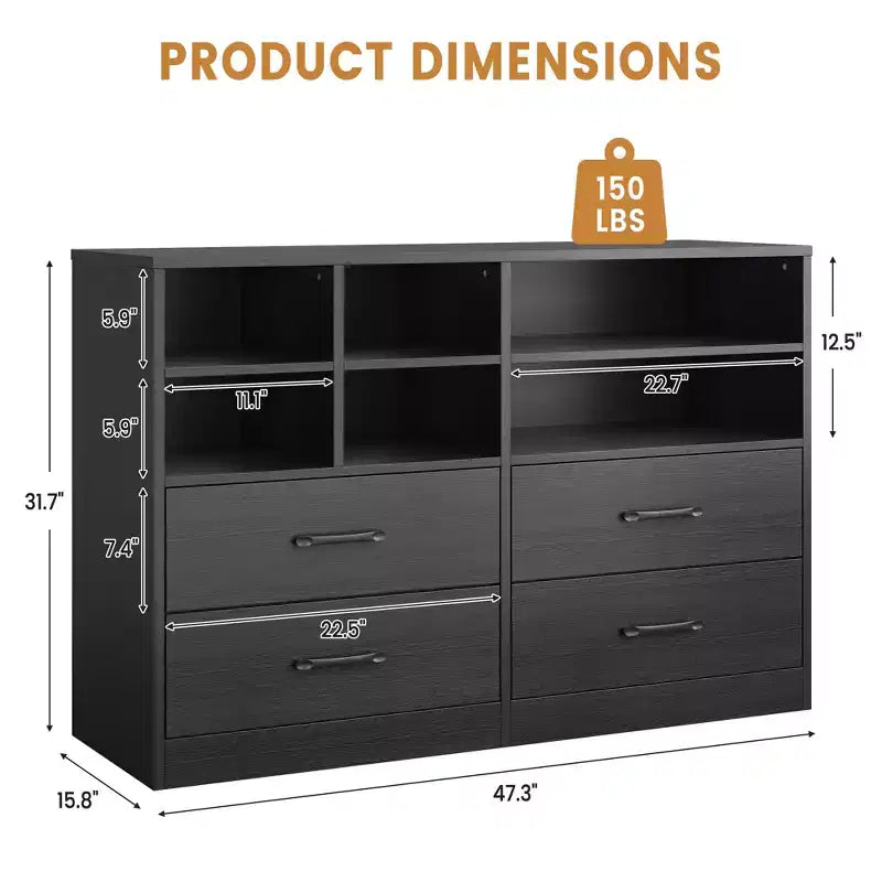 4-Drawer Dresser, Multi-Space Organizer for Bedroom,Cabinet with 6 Storage Cubbies Modern Dresser & TV Stand, Living Room, Black