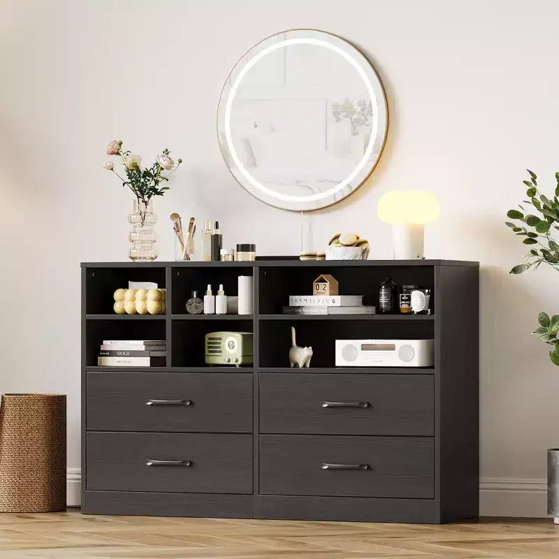 4-Drawer Dresser, Multi-Space Organizer for Bedroom,Cabinet with 6 Storage Cubbies Modern Dresser & TV Stand, Living Room, Black