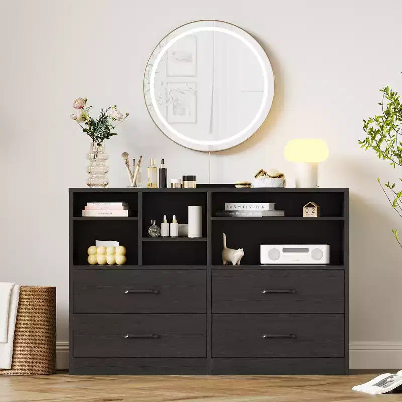 4-Drawer Dresser, Multi-Space Organizer for Bedroom,Cabinet with 6 Storage Cubbies Modern Dresser & TV Stand, Living Room, Black