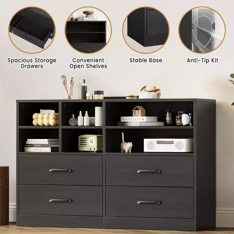 4-Drawer Dresser, Multi-Space Organizer for Bedroom,Cabinet with 6 Storage Cubbies Modern Dresser & TV Stand, Living Room, Black