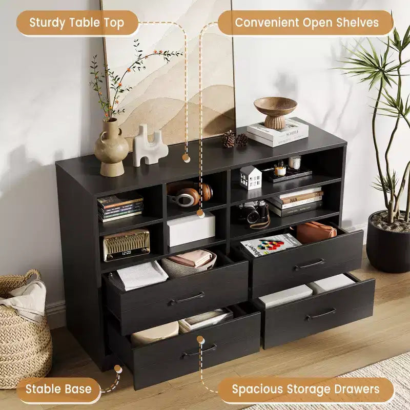4-Drawer Dresser, Multi-Space Organizer for Bedroom,Cabinet with 6 Storage Cubbies Modern Dresser & TV Stand, Living Room, Black