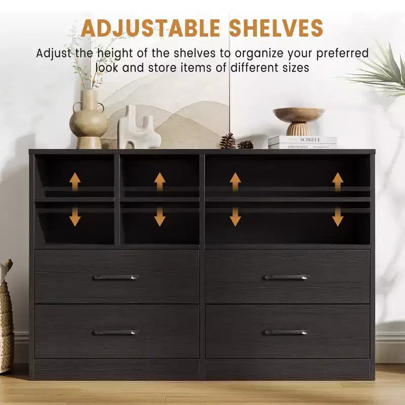 4-Drawer Dresser, Multi-Space Organizer for Bedroom,Cabinet with 6 Storage Cubbies Modern Dresser & TV Stand, Living Room, Black
