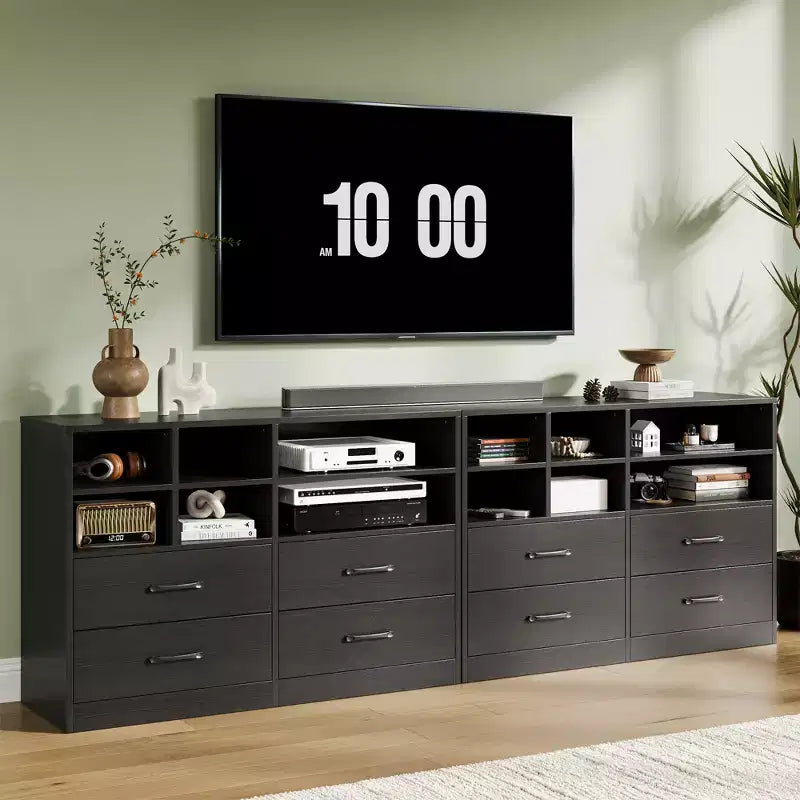 4-Drawer Dresser, Multi-Space Organizer for Bedroom,Cabinet with 6 Storage Cubbies Modern Dresser & TV Stand, Living Room, Black